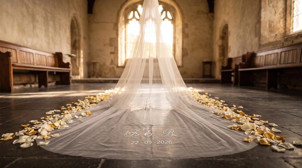 Bridal veil featuring personalised embroidery along the church aisle