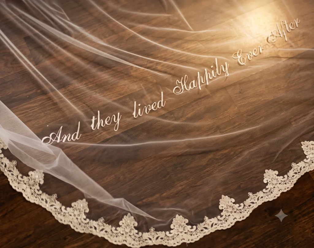 Close-up of personalised embroidery along a wedding veil edge