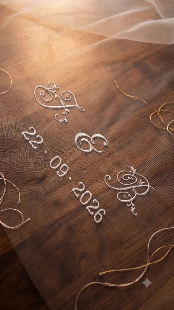 Close-up of intertwined initials and wedding date embroidered on bridal veil