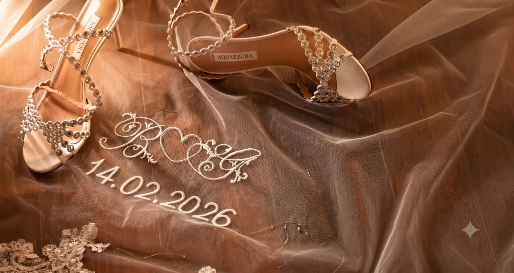 Detailed close-up of personalised wedding date and monogram on veil tulle